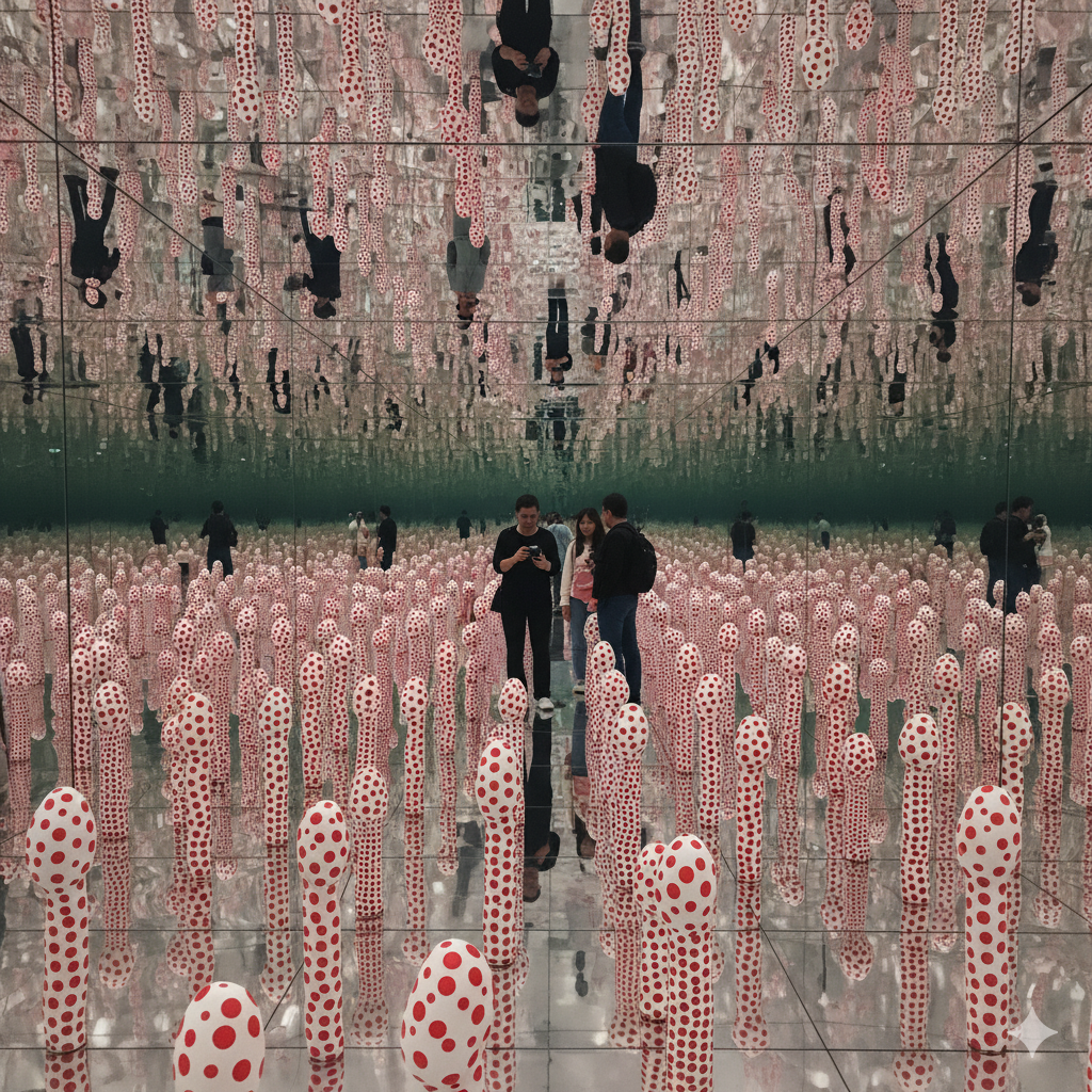 Installation Art Explained: A Guide to Immersive & Transformative Experiences 5 View inside Yayoi Kusama's 'Infinity Mirror Room - Phalli's Field' with polka-dotted soft sculptures and endless reflections