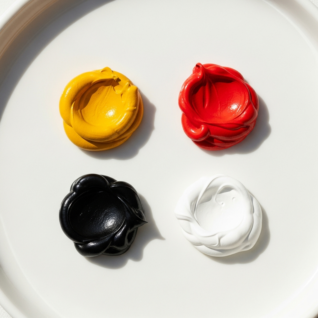 Flat lay photograph of four paint colors squeezed onto a clean white palette: Yellow Ochre, Vermilion red, Ivory Black, and Titanium White, professional art photography, natural lighting, paint arranged in neat mounds Alt text: The Zorn palette showing Yellow Ochre, Vermilion, Ivory Black and Titanium White on white palette