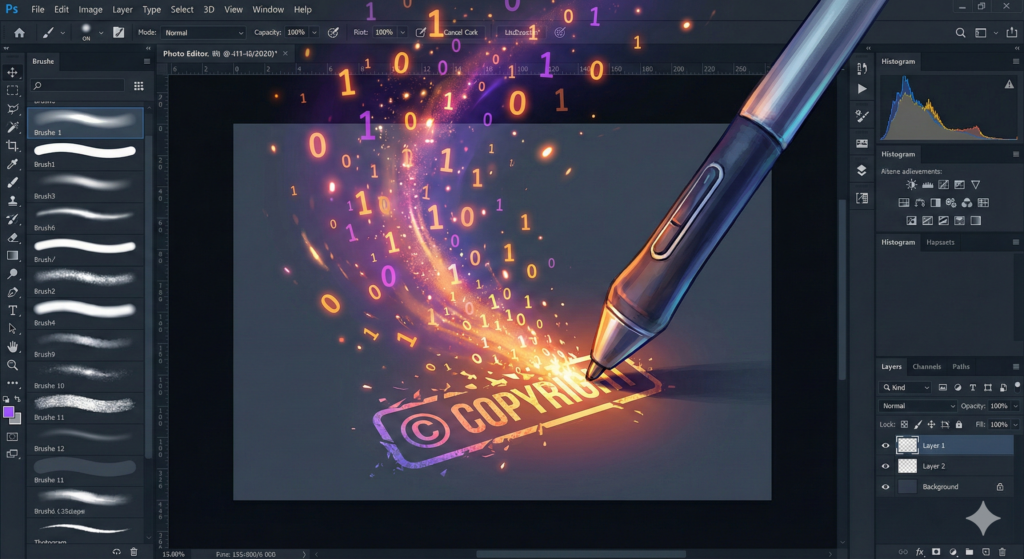 The Truth About Digital Watermarks: From SynthID to Removal Tools 4 Digital art of a stylus erasing a watermark, turning it into binary code particles
