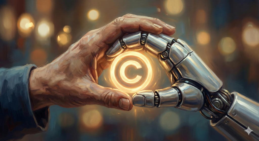 The Truth About Digital Watermarks: From SynthID to Removal Tools 7 A human and robot shaking hands with a glowing copyright symbol between them