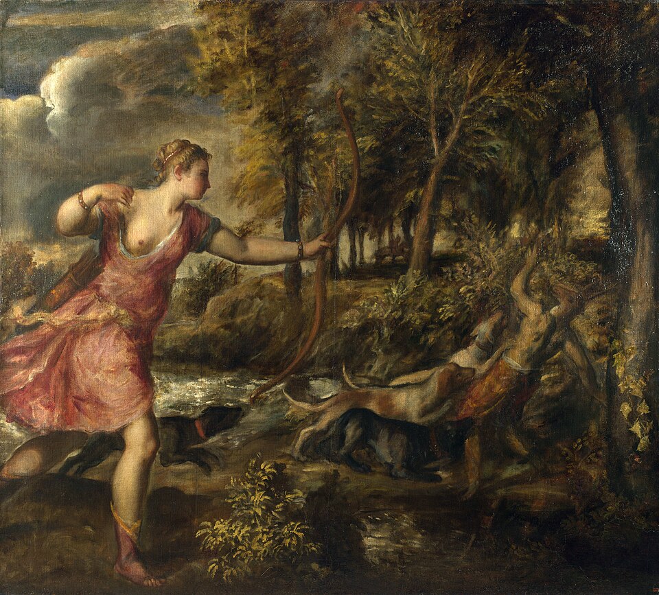 "The Death of Actaeon" by Titian, painted in c. 1559–1575. Description: This is the tragic sequel to 'Diana and Actaeon.' As punishment, Diana has turned the hunter Actaeon into a stag, and now he is being torn apart by his own hunting dogs. It's a dark, chaotic, and emotional scene, painted with a raw energy that reflects the violence of the story.. Interesting fact: Titian worked on this painting for more than 15 years, and it was likely unfinished in his studio when he died, giving us a unique glimpse into his creative process.