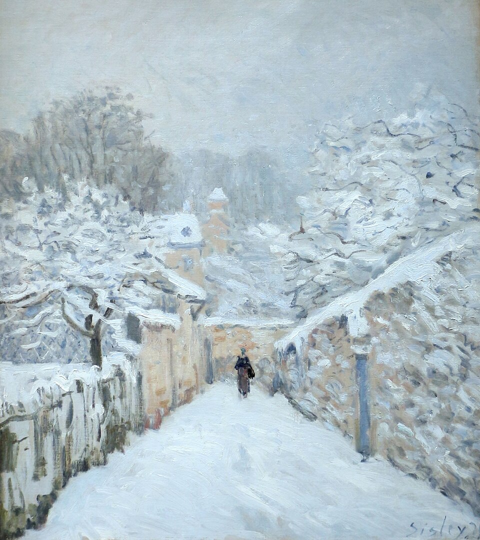 "Snow at Louveciennes" by alfred sisley, painted in 1878. Description: Sisley was a master of painting snow, and this work is one of his best. Instead of just white, he saw a world of color in the snow—pinks, blues, and yellows reflected from the sky. The lone figure walking down the path adds a touch of human story to the quiet, wintry landscape. You can almost feel the cold, crisp air and hear the crunch of snow underfoot.. Interesting fact: While many artists found snow difficult to paint, Sisley was fascinated by it and created nearly 140 snowscapes during his career.