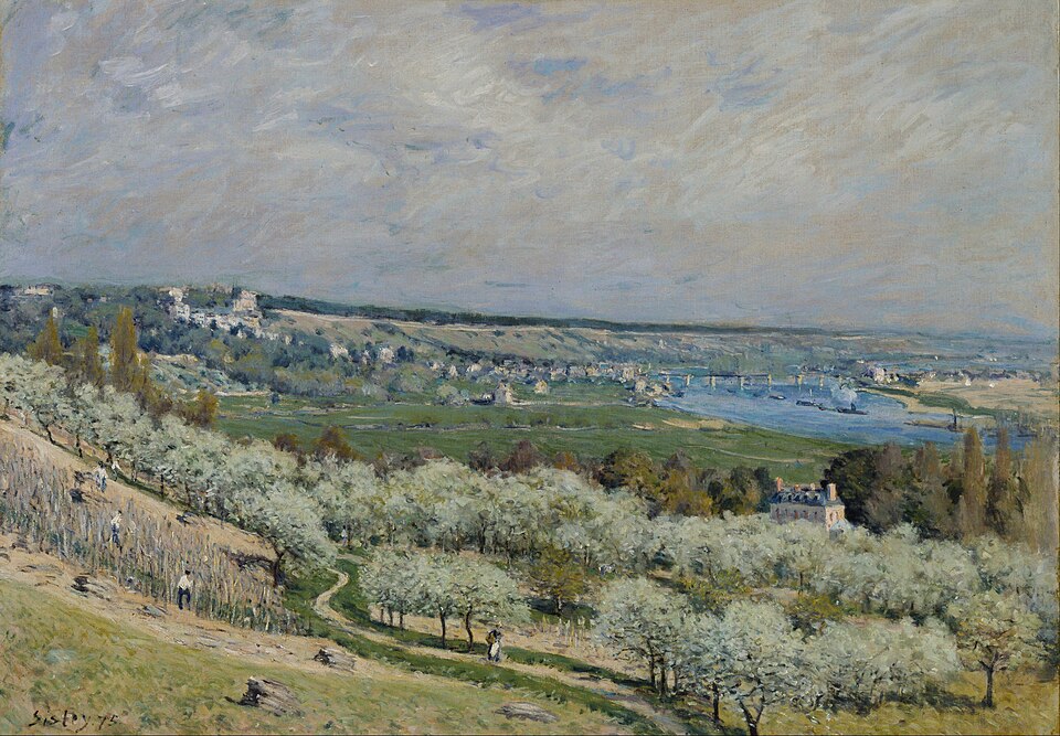 "The Terrace at Saint-Germain, Spring" by alfred sisley, painted in 1875. Description: This painting offers a breathtaking panoramic view of the Seine valley in springtime. From a high vantage point, Sisley shows us a vast landscape dotted with trees just beginning to bloom. The tiny figures on the terrace help give a sense of the immense scale of the scene. It’s a celebration of spring and the feeling of a wide-open world.. Interesting fact: The location is the Grande Terrasse at Saint-Germain-en-Laye, which was designed by the famous landscape architect André Le Nôtre in the 17th century.