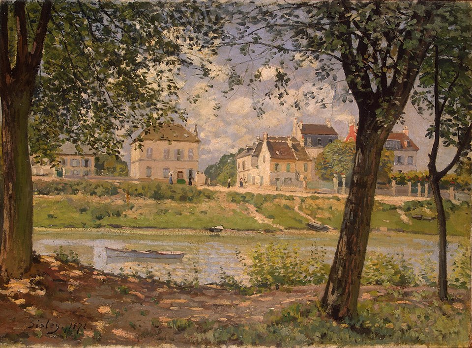 "Village on the Banks of the Seine" by alfred sisley, painted in 1872. Description: This painting, also known as 'The Machine at Marly', shows a peaceful village scene next to the river. The row of trees creates a screen between the viewer and the houses, adding depth and structure to the landscape. The calm water perfectly mirrors the sky and trees, creating a feeling of perfect harmony and tranquility. It’s a classic example of Sisley’s love for quiet, riverside scenes.. Interesting fact: The village depicted is Villeneuve-la-Garenne, the same location as his famous painting of the bridge from the same year.