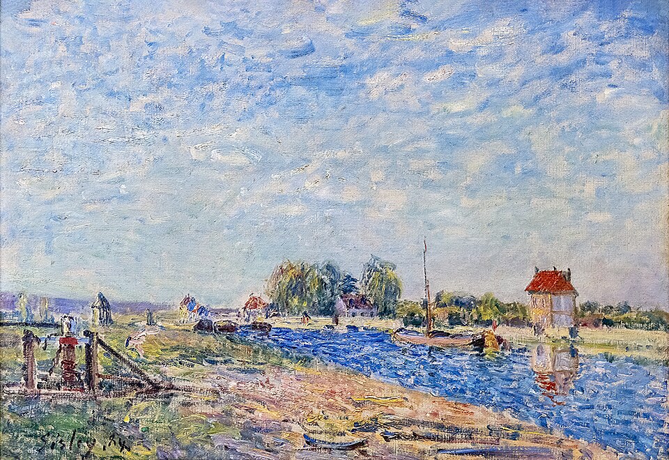 "The Loing Canal" by alfred sisley, painted in 1892. Description: In his later years, Sisley moved to the area around Moret-sur-Loing, and the Loing canal became one of his favorite subjects. This painting is a masterful example of perspective, with the lines of the trees and the canal path drawing you deep into the landscape. The calm, orderly scene feels peaceful and timeless, a perfect slice of French country life.. Interesting fact: Sisley painted the Loing Canal many times, exploring how its appearance changed with the seasons and the time of day.
