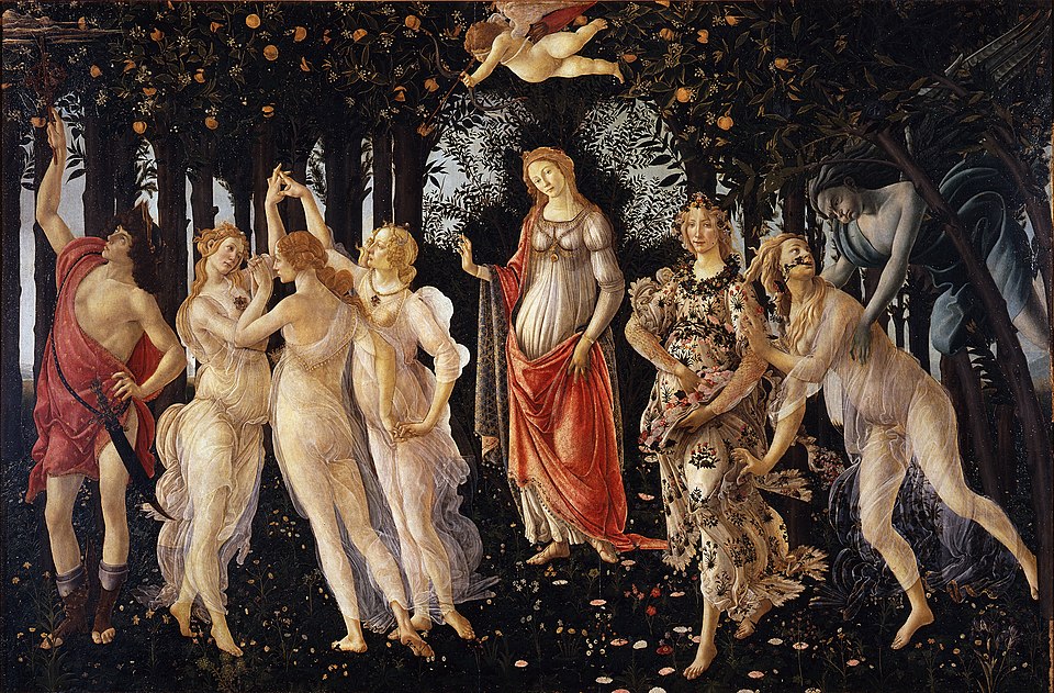 A painting by Botticelli titled 'Primavera', depicting Step into an enchanted garden with 'Primavera,' which means 'Spring' in Italian. This huge, complex …