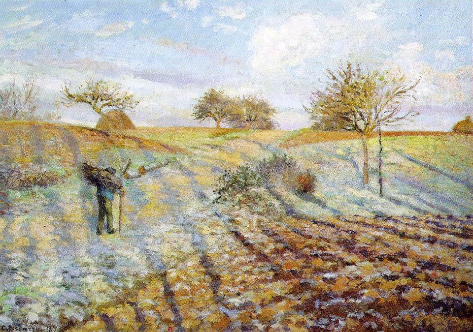Camille Pissarro Paintings: A Journey Through His 10 Most Famous Works 5 "Hoarfrost" by Camille Pissarro, painted in 1873. Description: In 'Hoarfrost,' Pissarro captures a chilly morning where the ground is covered in a delicate layer of frost. You can almost feel the cold. The long shadows stretching across the field tell you the sun is low in the sky, and the lone figure working adds a touch of human life to the serene landscape.. Interesting fact: This painting was controversial at the first Impressionist exhibition in 1874, with critics complaining that the shadows were painted blue and the plowed earth looked like 'palette scrapings'.