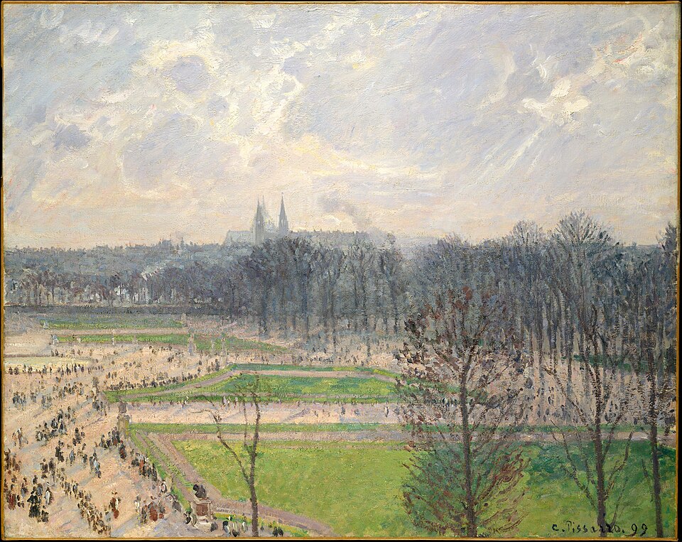 Camille Pissarro Paintings: A Journey Through His 10 Most Famous Works 9 "The Garden of the Tuileries on a Winter Afternoon" by Camille Pissarro, painted in 1899. Description: Part of another series painted from a hotel window, this work shows a famous Parisian park in winter. Even without leaves on the trees, the scene is full of life with people strolling along the paths. Pissarro brilliantly captures the hazy, pale light of a winter afternoon.. Interesting fact: Pissarro suffered from a recurring eye infection later in life, which is why he often painted cityscapes from the safety of a window rather than outdoors.