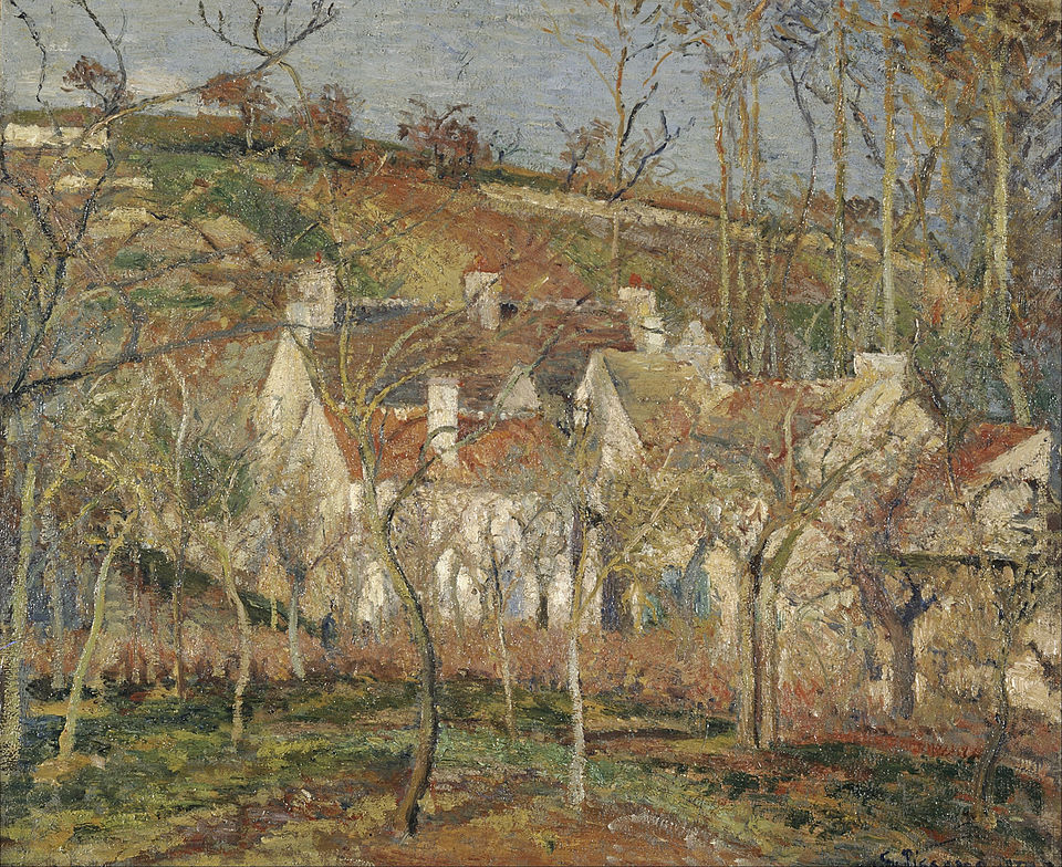 Camille Pissarro Paintings: A Journey Through His 10 Most Famous Works 4 "The Red Roofs, Corner of a Village, Winter" by Camille Pissarro, painted in 1877. Description: This piece shows a quiet corner of a French village in winter. Pissarro uses the bright, terracotta-red roofs to create a beautiful contrast with the cool colors of the winter landscape and the bare, tangled tree branches. It makes you feel the crisp, cold air of the countryside.. Interesting fact: When this painting was first shown, one critic mockingly said the houses looked like they were covered in 'tongues of fire'.