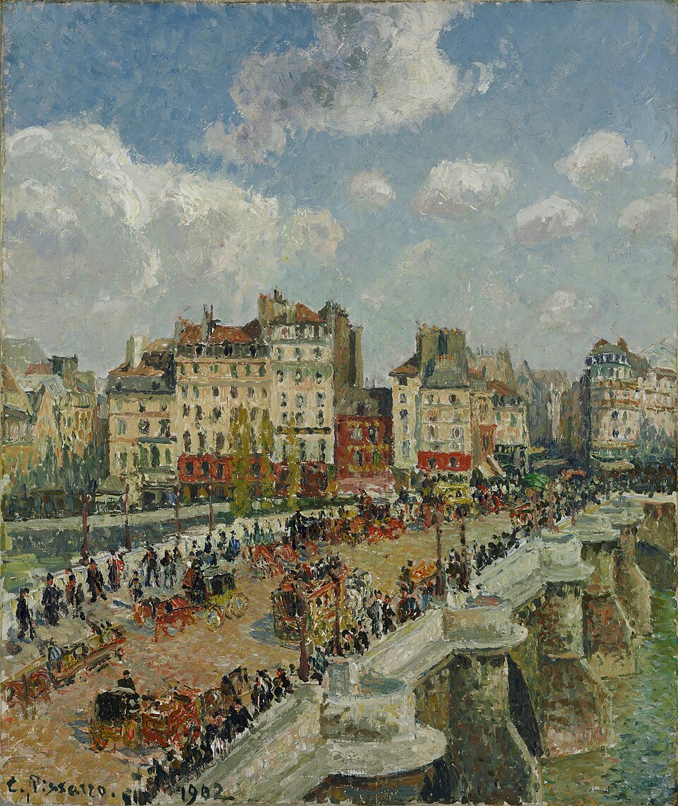 Camille Pissarro Paintings: A Journey Through His 10 Most Famous Works 12 "Le Pont Neuf" by Camille Pissarro, painted in 1901. Description: This painting shows one of the oldest bridges in Paris, the Pont Neuf, bustling with activity. From his high viewpoint, Pissarro captures the flow of carriages, pedestrians, and the shimmering Seine river below. It’s a snapshot of modern life in the heart of the city.. Interesting fact: Despite being an anarchist who was often critical of the government, Pissarro loved painting the iconic, historic structures of Paris.