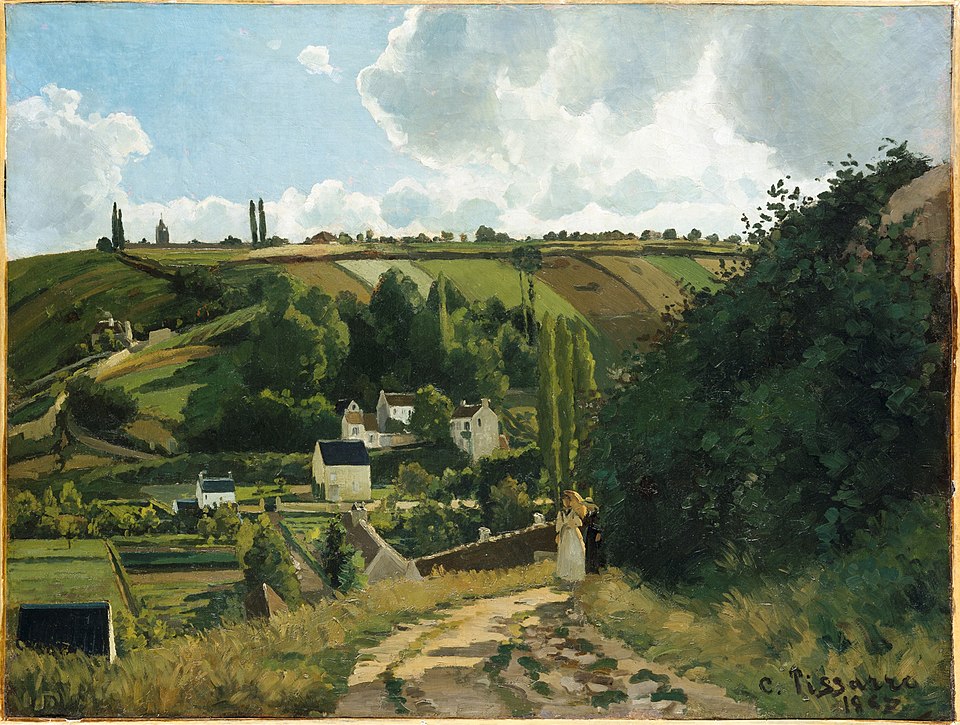 Camille Pissarro Paintings: A Journey Through His 10 Most Famous Works 6 "Jalais Hill, Pontoise" by Camille Pissarro, painted in 1867. Description: This is an early masterpiece that shows Pissarro's skill at creating a sense of depth and space. The winding path leads your eye up the hill through a peaceful, sun-drenched landscape. It’s a perfect example of his love for painting the French countryside where he lived.. Interesting fact: This painting was exhibited at the famous Paris Salon of 1868, one of the few times Pissarro's work was accepted by the traditional art establishment.