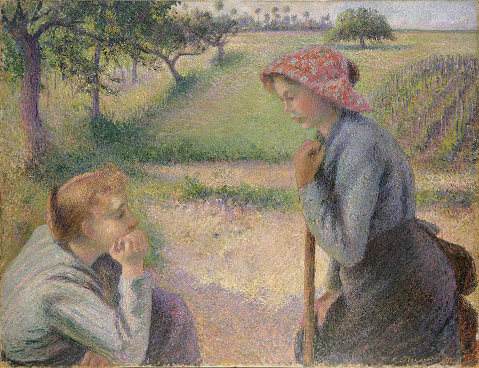 Camille Pissarro Paintings: A Journey Through His 10 Most Famous Works 8 "Two Young Peasant Women" by Camille Pissarro, painted in 1892. Description: Here, Pissarro focuses on people rather than just the landscape. Two young women are resting and chatting in a sun-dappled field. The painting has a gentle, intimate feel, showing Pissarro's respect for the people who worked the land.. Interesting fact: Pissarro often painted his family members and neighbors, giving his depictions of peasant life an authentic and sympathetic quality.