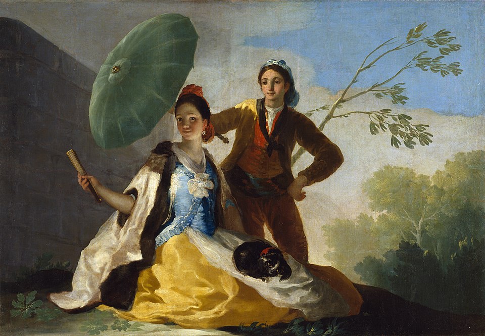 Master of Shadows: Discover the Top 10 Goya Paintings That Changed Art Forever 9 "The Parasol (El Quitasol)" by Goya, painted in 1777. Description: Before his dark and serious paintings, Goya created beautiful, sunny scenes like this one. It shows a fashionable young woman relaxing in the countryside while a young man holds a parasol to shade her. It's full of light, color, and the joy of a carefree afternoon.. Interesting fact: This charming scene was designed to be hung over a door in the dining room of a prince.