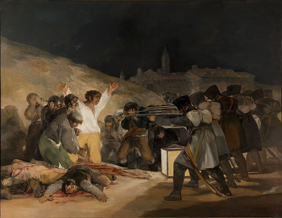 Master of Shadows: Discover the Top 10 Goya Paintings That Changed Art Forever 3 Top 10 Goya Paintings: "The Third of May 1808" by Goya, painted in 1814. Description: This is one of the most powerful anti-war paintings ever created. It's like a snapshot from a movie, showing a line of terrified Spanish civilians being executed by a faceless firing squad of French soldiers. The central figure, with his arms thrown wide in a Christ-like pose, is bathed in light from a lantern, making him a symbol of innocent suffering and defiance.. Interesting fact: Goya painted this masterpiece six years after the event, ensuring the memory of Spanish resistance would never be forgotten.