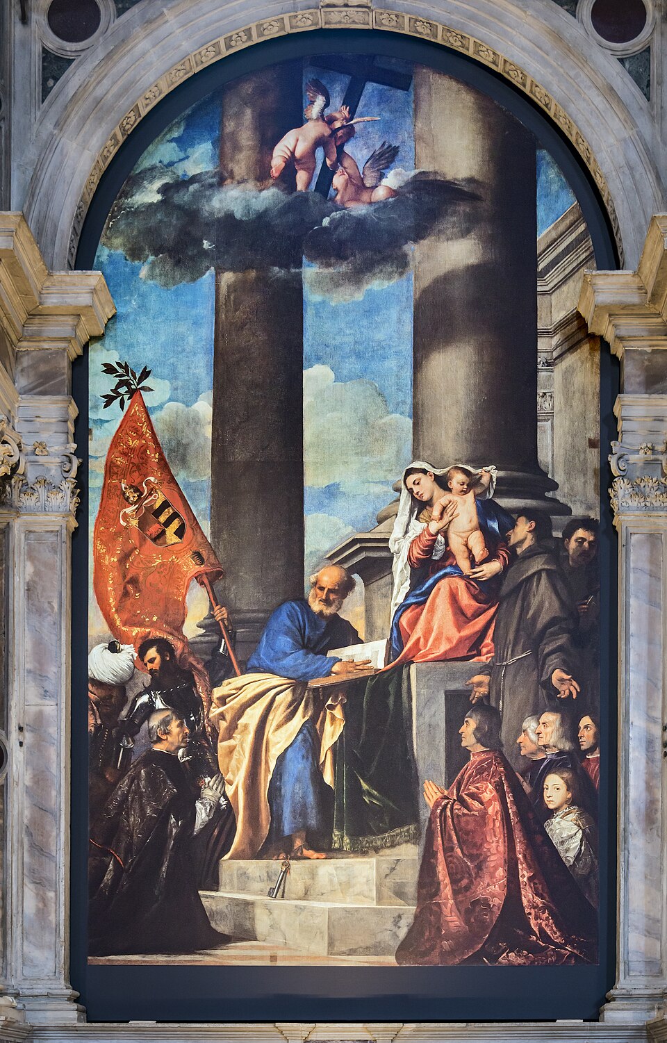 "Pesaro Madonna" by Titian, painted in 1519–1526. Description: Most altarpieces at the time were very static, with the main figures right in the center. Titian broke all the rules with this one! He placed the Virgin and Child off-center and arranged the other figures on a dramatic diagonal, creating a sense of movement that draws you right into the scene. It was a revolutionary idea.. Interesting fact: Titian painted the patrons who paid for the artwork, the Pesaro family, directly into the scene, kneeling in devotion.