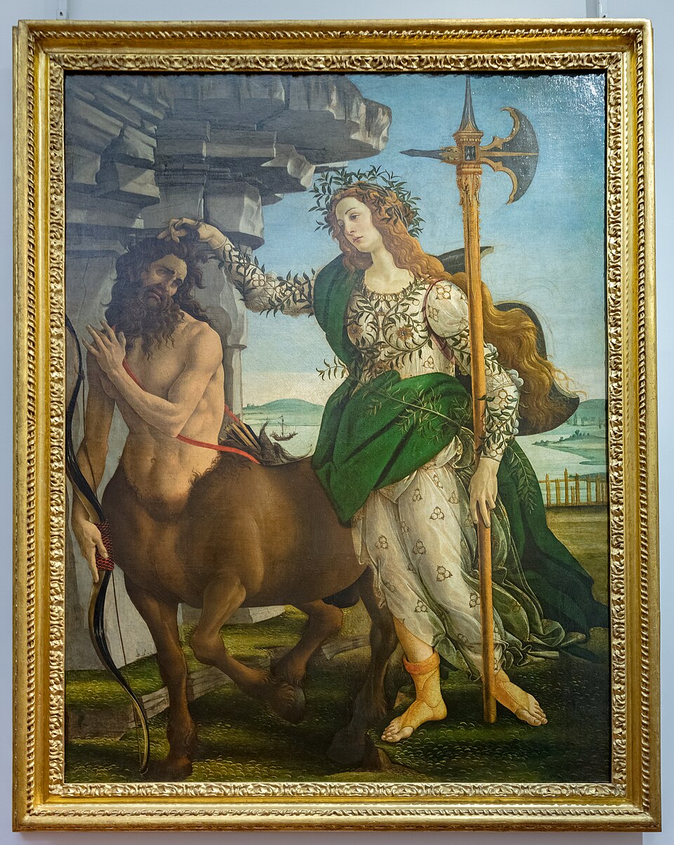 A painting by Botticelli titled 'Pallas and the Centaur', depicting Here we see the warrior goddess Pallas Athena (also known as Minerva) gently taming a centaur, a cre…