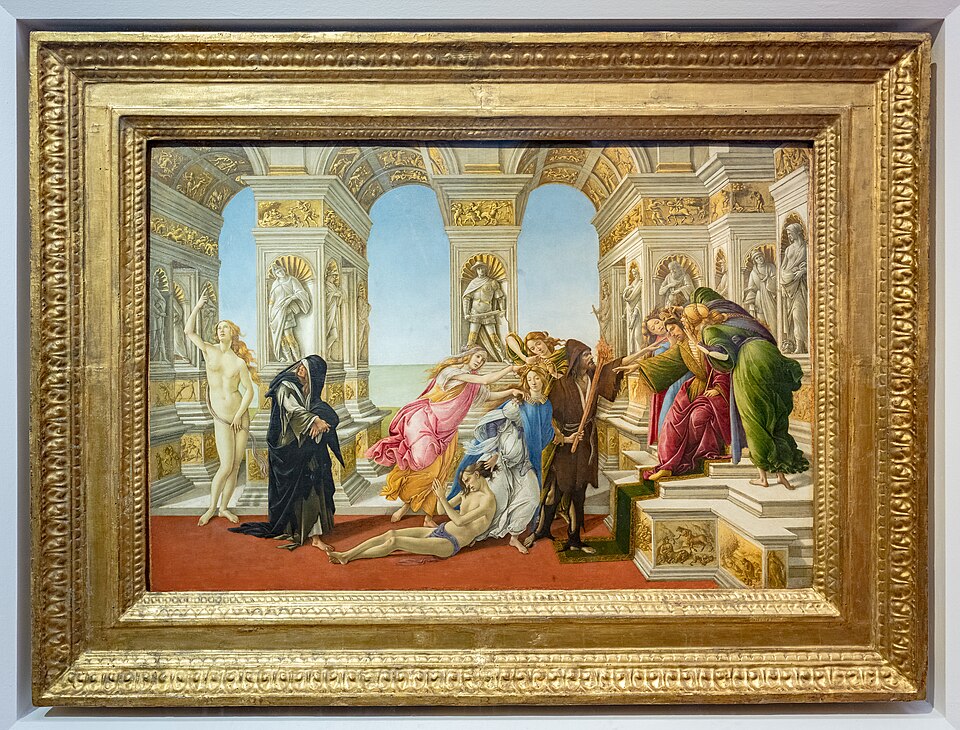 A painting by Botticelli titled 'The Calumny of Apelles', depicting This dramatic and crowded scene is based on a description of a lost ancient Greek painting. It tells…