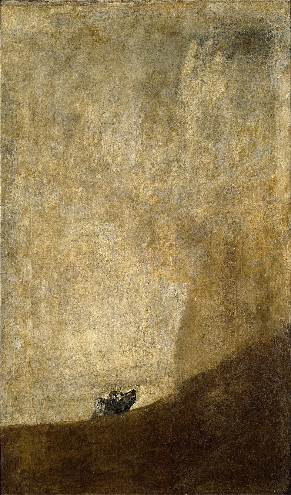 Master of Shadows: Discover the Top 10 Goya Paintings That Changed Art Forever 8 "The Dog" by Goya, painted in c. 1819–1823. Description: Another of the 'Black Paintings,' this work is hauntingly simple. We see only the head of a small dog peering over a dark, sloping mass, with a vast, empty ochre sky above. Is the dog drowning in sand? Is it looking for its master? The painting is a powerful mystery, evoking feelings of loneliness, struggle, and hope.. Interesting fact: When the painting was transferred from the wall to canvas, the top part of the dog's body was lost, making its situation even more ambiguous.