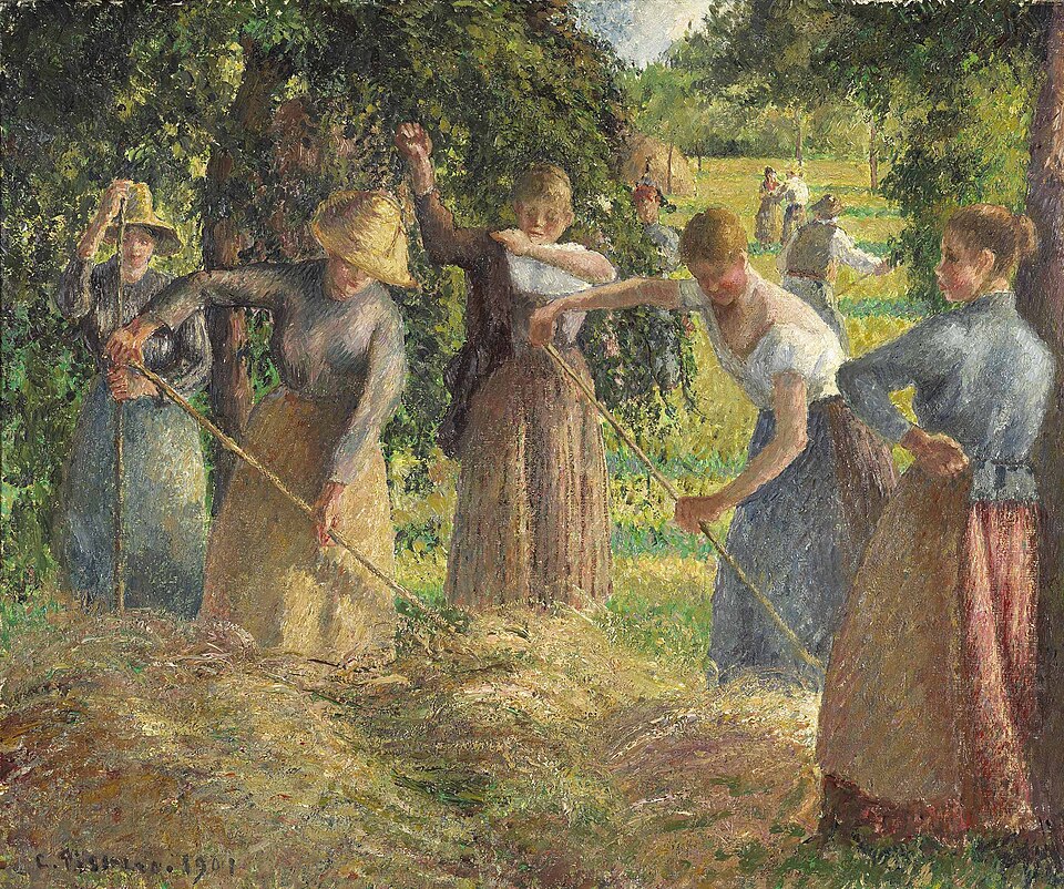 Camille Pissarro Paintings: A Journey Through His 10 Most Famous Works 7 "The Harvest of Hay in Éragny" by Camille Pissarro, painted in 1887. Description: This painting buzzes with the energy of a warm summer day. It shows workers gathering hay in the fields near Pissarro's home in Éragny. The scene is filled with golden light, celebrating the beauty of rural labor and community.. Interesting fact: Pissarro was influenced by the younger artist Georges Seurat to try Pointillism, but he eventually returned to a freer Impressionist style, finding the dot technique too rigid.
