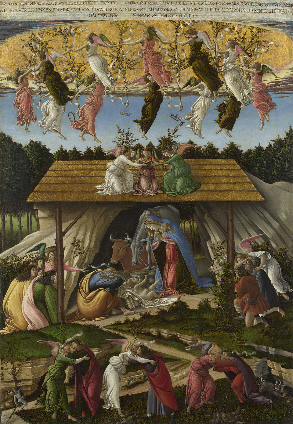 A painting by Botticelli titled 'Mystic Nativity', depicting This is one of Botticelli's most unusual and emotional works. It shows the birth of Jesus, but with …