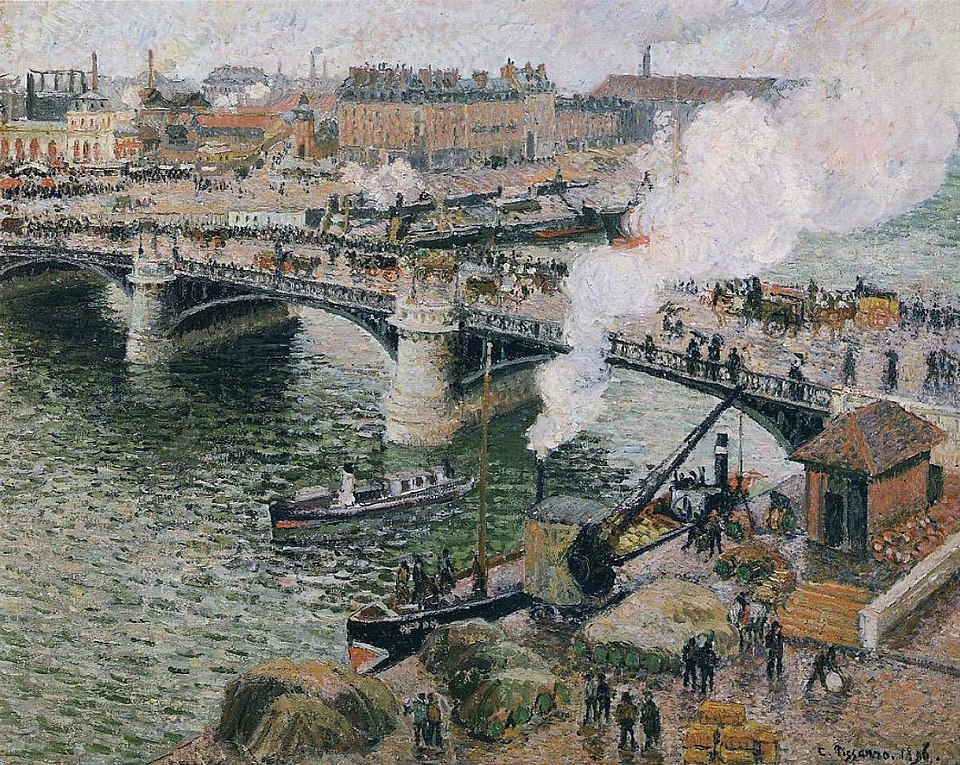 Camille Pissarro Paintings: A Journey Through His 10 Most Famous Works 10 "The Pont Boieldieu in Rouen, Rainy Weather" by Camille Pissarro, painted in 1896. Description: This painting makes a rainy day look beautiful. Pissarro captures the industrial city of Rouen with its smoking chimneys and busy bridge, all seen through a curtain of rain. The reflections on the wet ground and the gray river create a moody but captivating atmosphere.. Interesting fact: This work is part of a series where Pissarro explored the effects of weather and light on an industrial landscape, showing that beauty could be found even in modern, bustling cities.