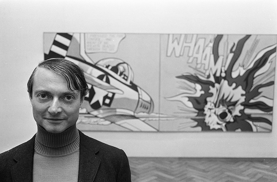 A painting by Roy Lichtenstein titled 'Whaam!', depicting BOOM! This giant, two-part painting feels like it was ripped straight from a comic book. On one side...