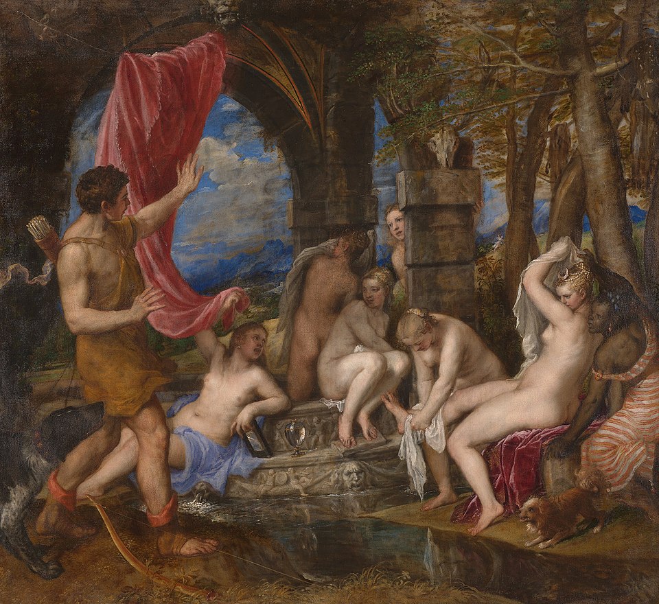 "Diana and Actaeon" by Titian, painted in 1556–1559. Description: This painting captures the most dramatic moment in a myth: the hunter Actaeon accidentally walks in on the goddess Diana and her nymphs bathing. The tension is electric. Diana shoots him a furious glare, while Actaeon throws up his hands in shock, knowing he's in big trouble. It's a snapshot of a fatal mistake.. Interesting fact: To keep this masterpiece in the UK, two national galleries teamed up to purchase it for £50 million, and they now share it, rotating its location every few years.