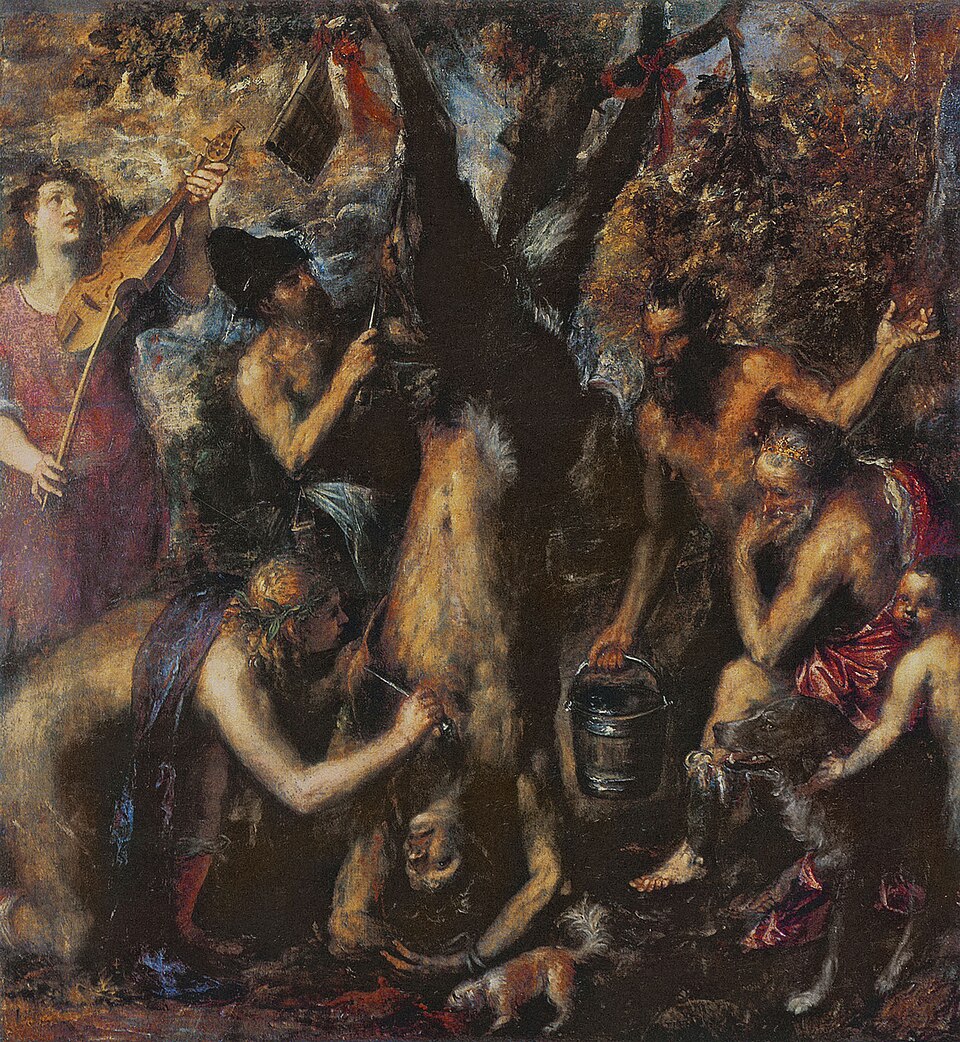 "The Flaying of Marsyas" by Titian, painted in c. 1570–1576. Description: This is one of Titian's darkest and most challenging paintings. It depicts the brutal Greek myth where the satyr Marsyas is punished for losing a music contest to the god Apollo. It's a violent and tragic scene, painted with a raw, emotional intensity that is both horrifying and mesmerizing.. Interesting fact: Titian hauntingly included a self-portrait in the painting; he is the figure of King Midas, watching the terrible event with a look of deep contemplation.