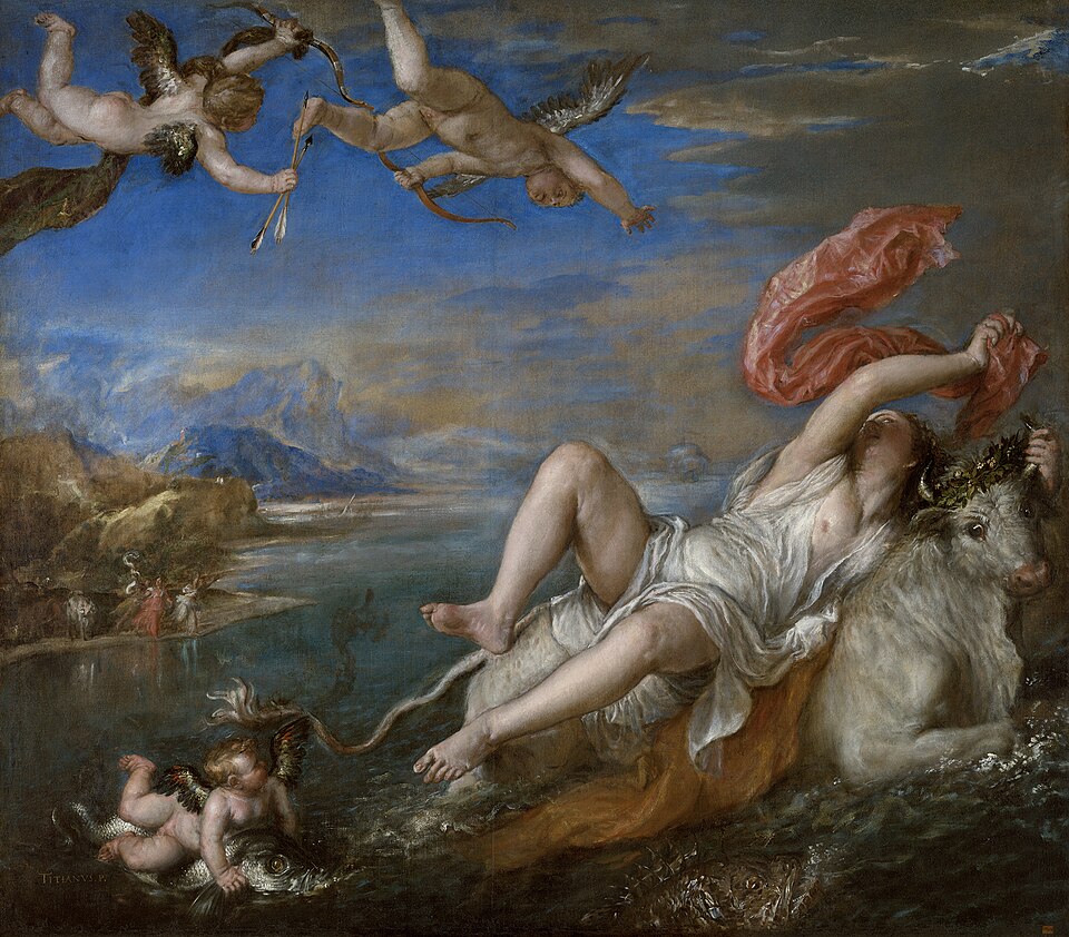 "The Rape of Europa" by Titian, painted in 1560–1562. Description: Based on a Greek myth, this painting shows the princess Europa being whisked away across the sea by the god Jupiter, who has disguised himself as a beautiful white bull. It's a scene of chaos and beauty, with Europa clinging to the bull while cupids fly overhead. The painting is filled with a sense of frantic energy and high drama.. Interesting fact: This painting was part of one of the largest art thefts in history in 1990 and, tragically, is still missing today.