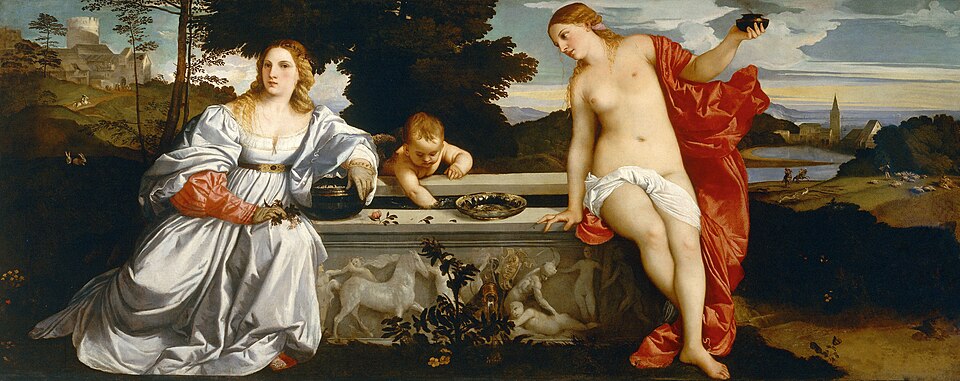 "Sacred and Profane Love" by Titian, painted in c. 1514. Description: This beautiful and mysterious painting shows two women who look almost identical sitting on a sarcophagus-like fountain. One is fully clothed, representing earthly, marital love ('Profane Love'), while the other is nude, representing divine, heavenly love ('Sacred Love'). It’s like a beautiful puzzle that art lovers still debate today.. Interesting fact: The true meaning of the painting is still one of the biggest mysteries in art history, with dozens of theories about what Titian was trying to say.