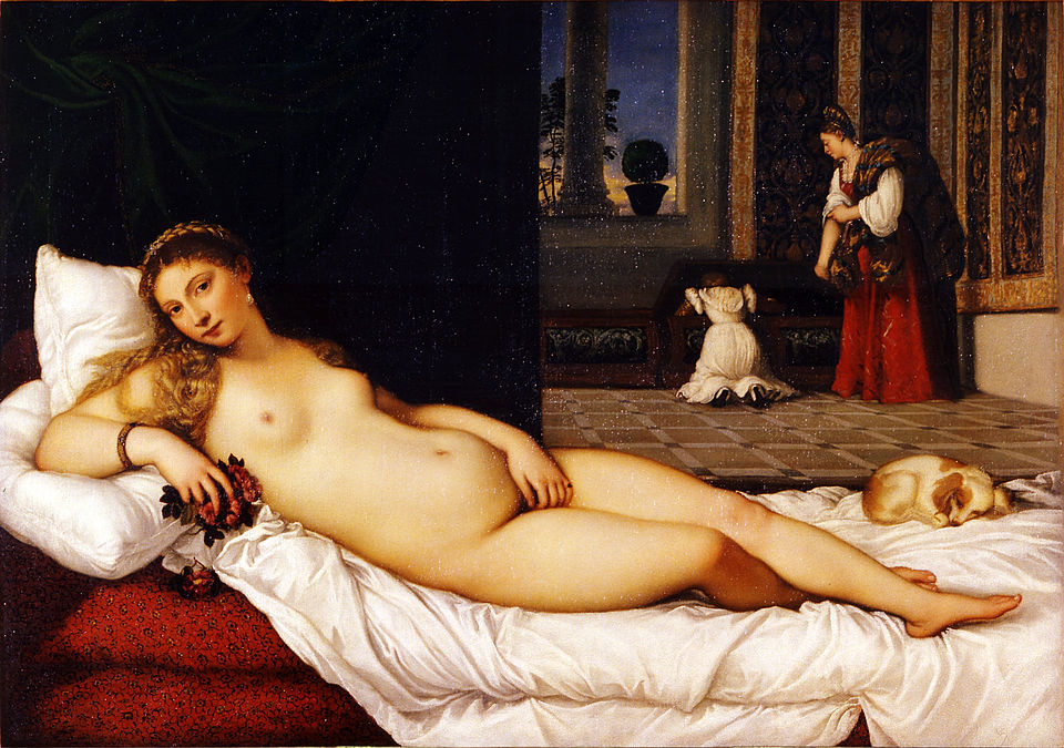 "Venus of Urbino" by Titian, painted in c. 1534. Description: This painting is one of the most famous nudes in all of art history. Titian portrays Venus (or perhaps a young Venetian bride) with a direct, confident gaze that was quite scandalous for its time. She isn't a distant goddess; she's a living, breathing woman, making the viewer feel like they've walked into a private room.. Interesting fact: The small dog sleeping peacefully at the end of the bed is a traditional symbol of marital faithfulness.