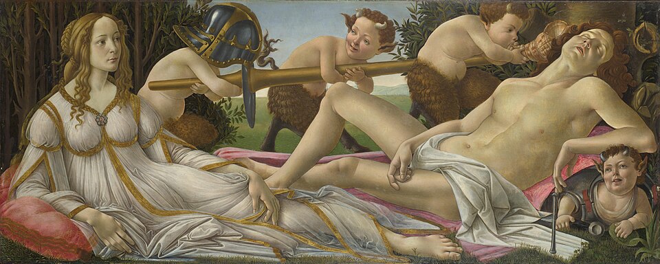 A painting by Botticelli titled 'Venus and Mars', depicting What happens after a big battle? A nap! In this painting, Mars, the god of war, is fast asleep, comp…