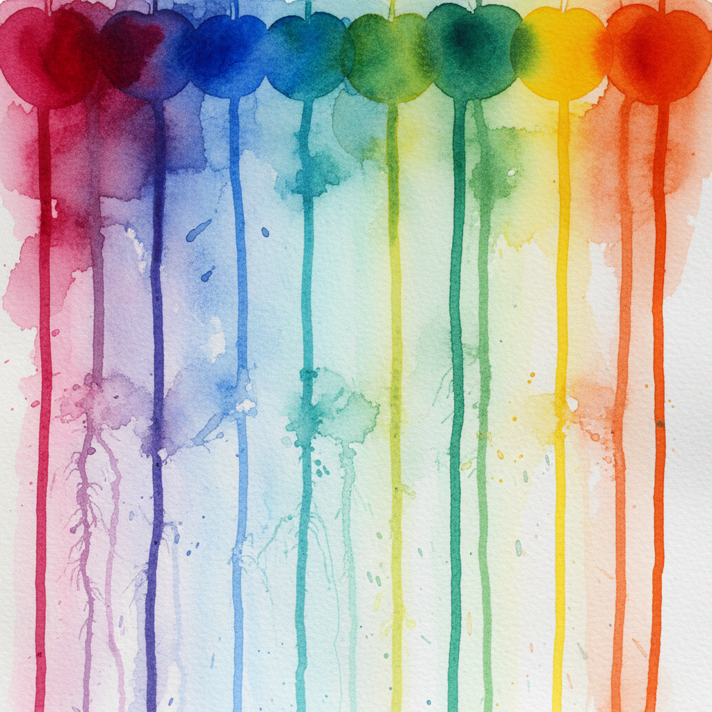 Paint a row of saturated circles at the top of your paper. Tilt the paper vertically and spray a little water. Watch the paint drip down in long, colorful streaks.