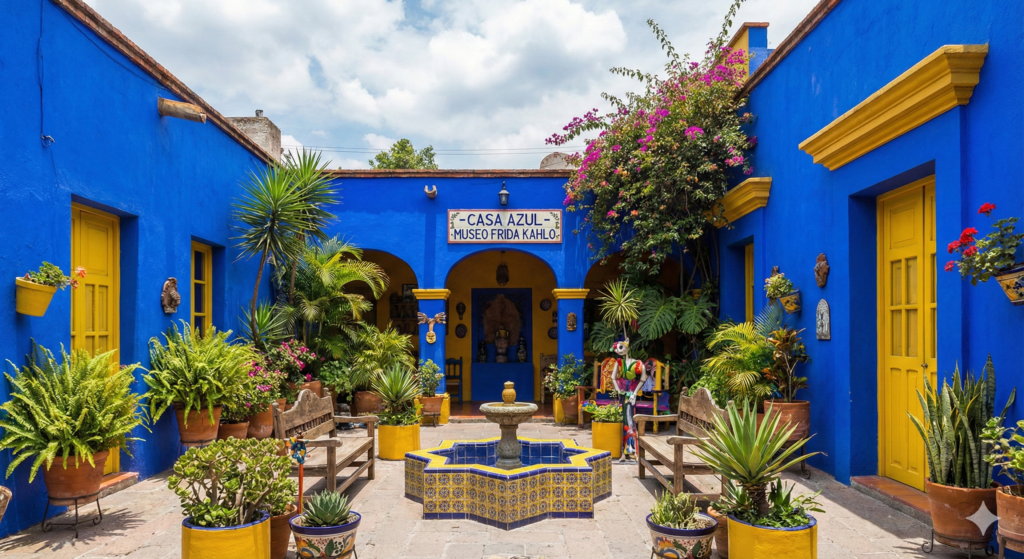 Casa Azul' in Mexico City - Vibrant blue courtyard with tropical plants and yellow accents