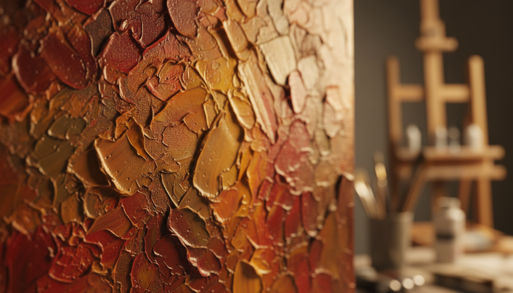 Close up of a painting showing intricate brushstrokes