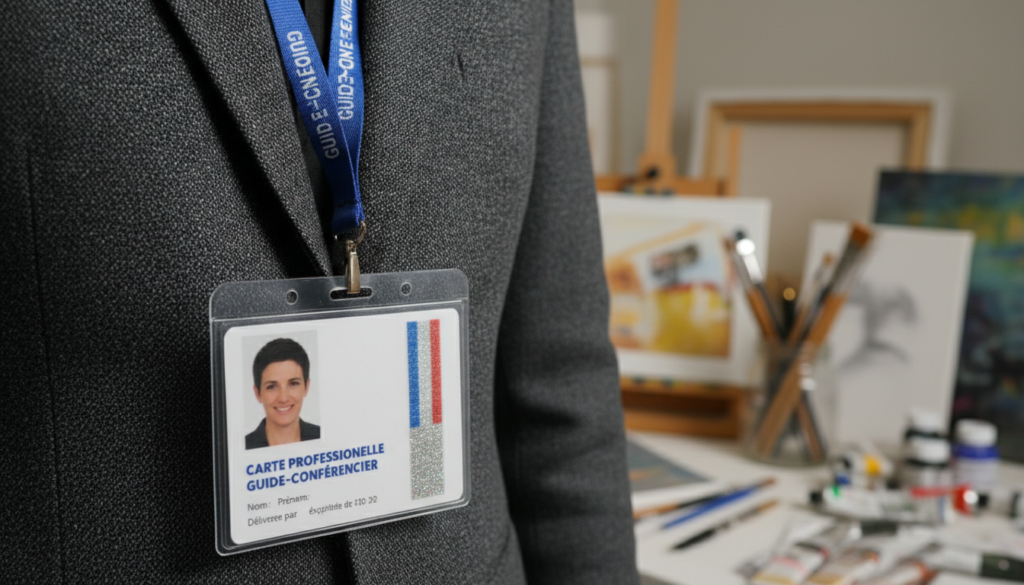 Close up of an official tour guide license badge