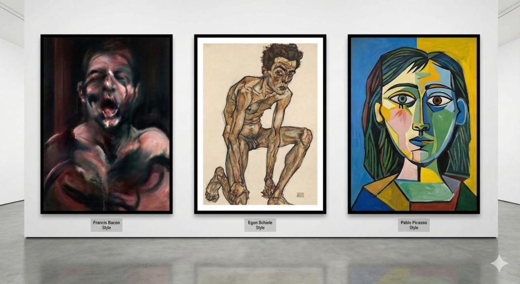 Comparison showing distorted portrait techniques from Francis Bacon Egon Schiele and Pablo Picasso