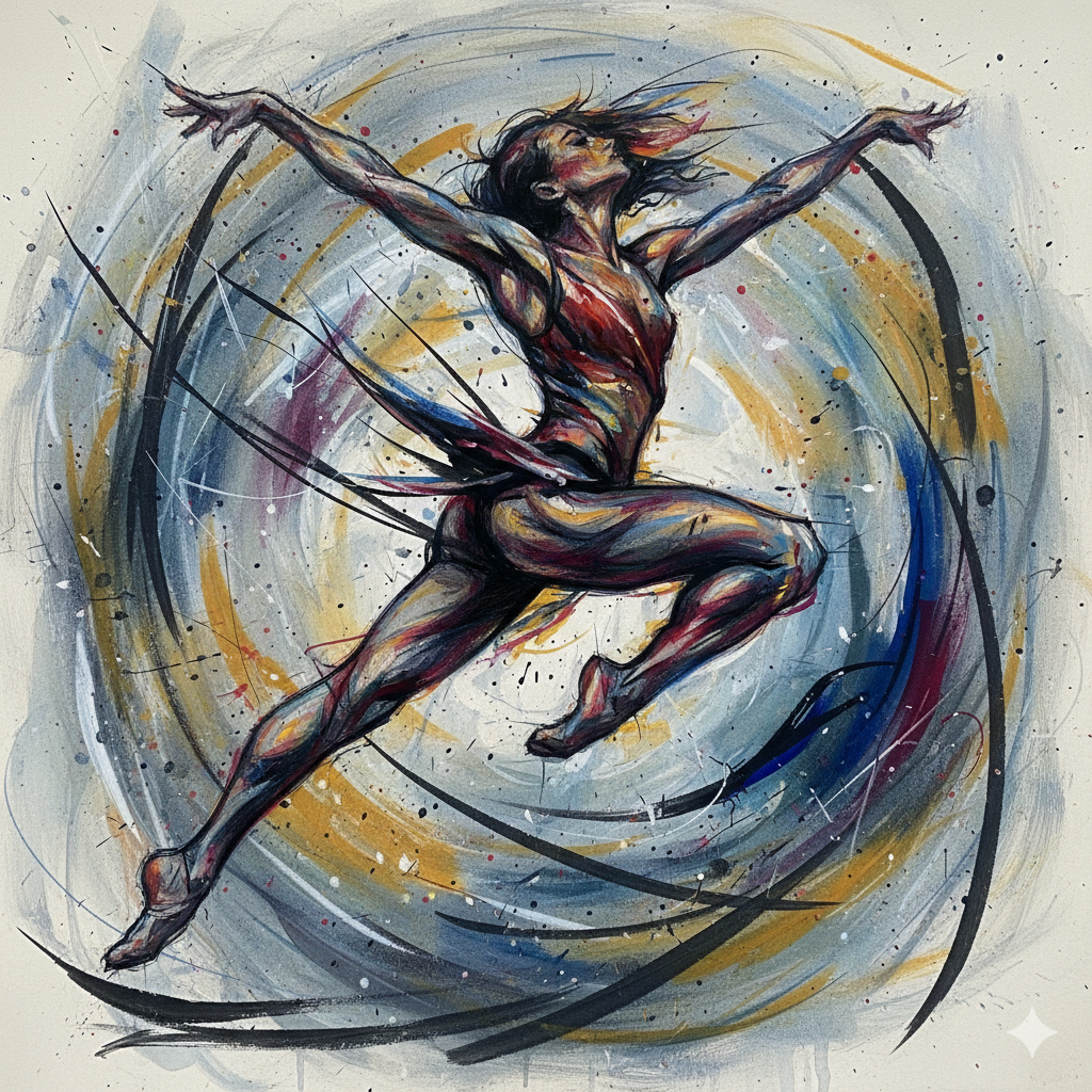 Dancer mid-leap, blurred movement, gesture drawing quality, dynamic composition, energetic brushstrokes