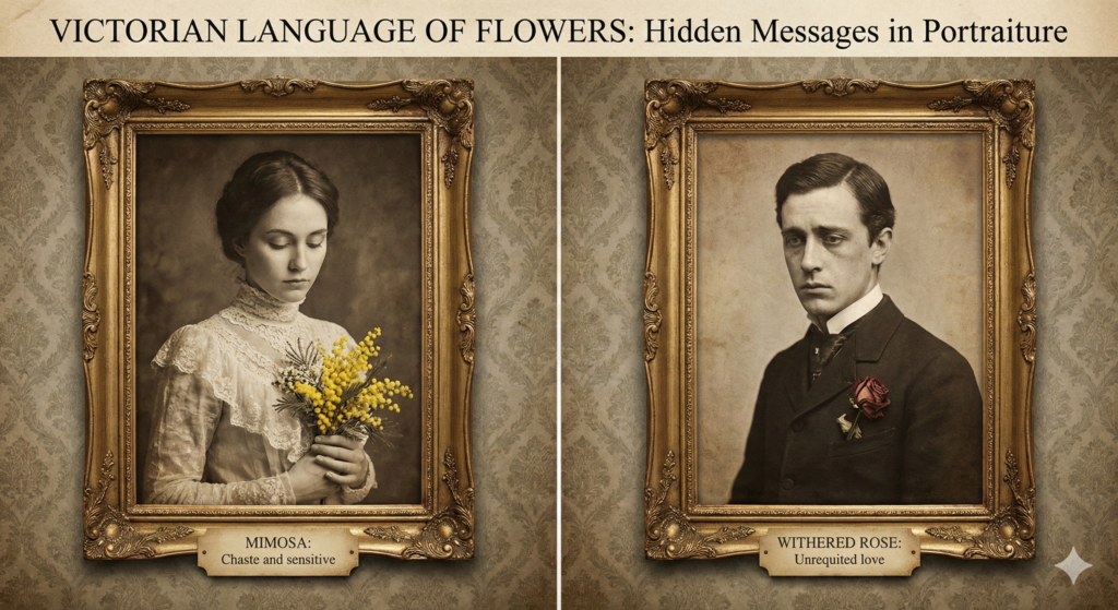 A portrait of a woman holding a mimosa and A man wearing a withered flower