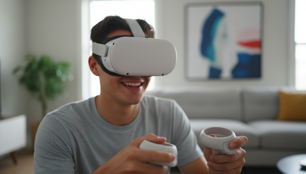 Person wearing VR headset holding controllers