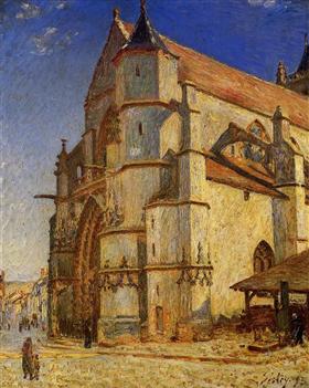 "The Church at Moret in the Morning Sun" by alfred sisley, painted in 1894. Description: Similar to how his friend Monet painted haystacks and cathedrals over and over, Sisley painted the church in the town of Moret-sur-Loing many times. This version captures the church as it’s bathed in the warm, golden light of a morning sun. The solid, ancient stone of the church seems to glow against the bright blue sky. Sisley was interested in how the same building could look completely different as the light changed throughout the day.. Interesting fact: Sisley created a series of at least fourteen paintings of the Church at Moret, capturing it from different angles and in various weather conditions.