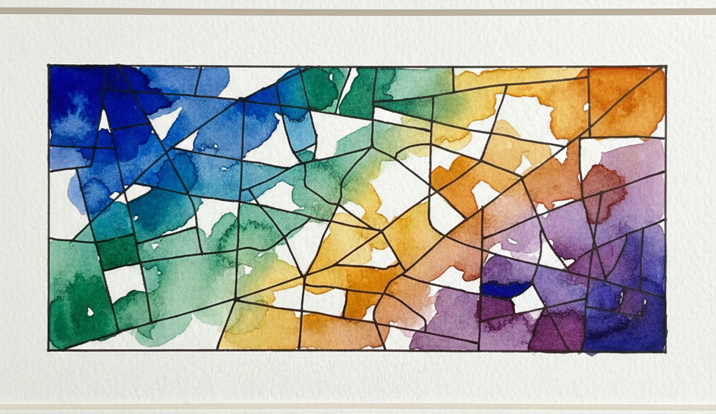 Draw random intersecting lines with a waterproof pen. Fill each resulting shape with water, then drop in two different colors and let them mix naturally within the lines.