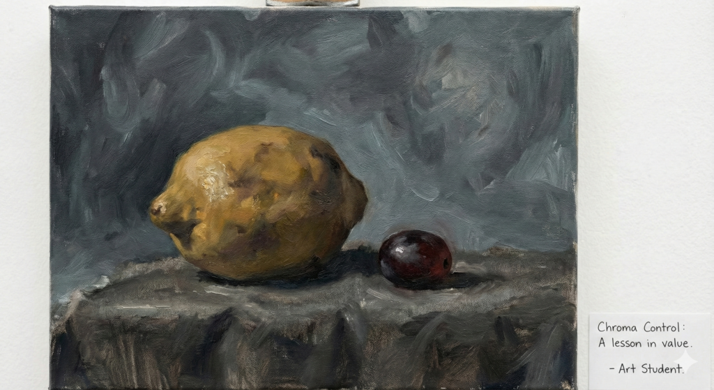 The Ultimate Zorn Palette Challenge: Master Color Harmony with 4 Tubes 6 a still life that contains a lemon and a violet grape