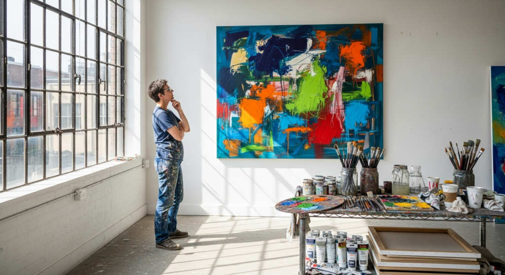 How to Know When an Abstract Painting is Finished: The Artist's Ultimate Guide 3 How to Know When an Abstract Painting is Finished? Artist standing back from large abstract canvas evaluating composition in bright studio