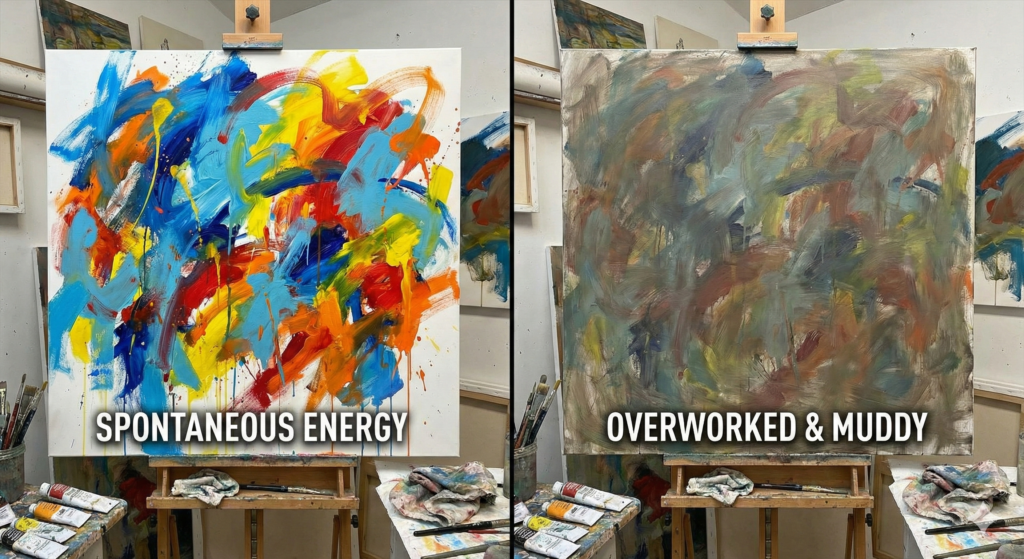 How to Know When an Abstract Painting is Finished: The Artist's Ultimate Guide 6 Side by side comparison of same abstract painting at finished stage and overworked stage