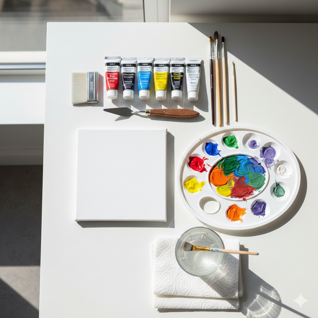 Beginner abstract painting workspace with acrylic paints, brushes, canvas, and palette knife arranged on table