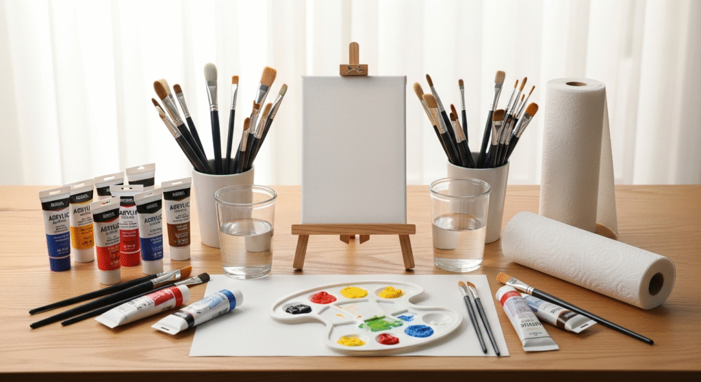 Organized acrylic painting workspace showing basic supplies including paint tubes, brushes, palette, water container, and blank canvas on easel