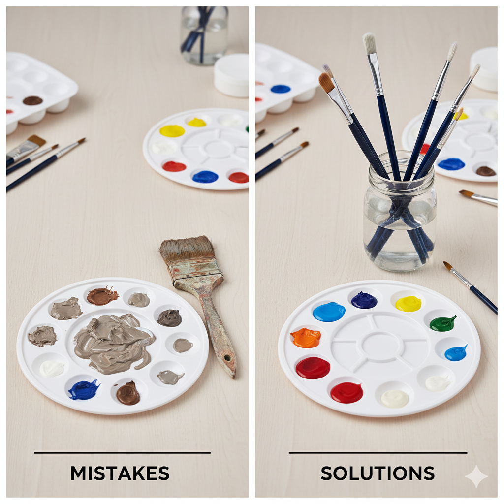 Side-by-side comparison showing muddy colors versus clean color mixing, and hardened brushes versus clean brushes in acrylic painting