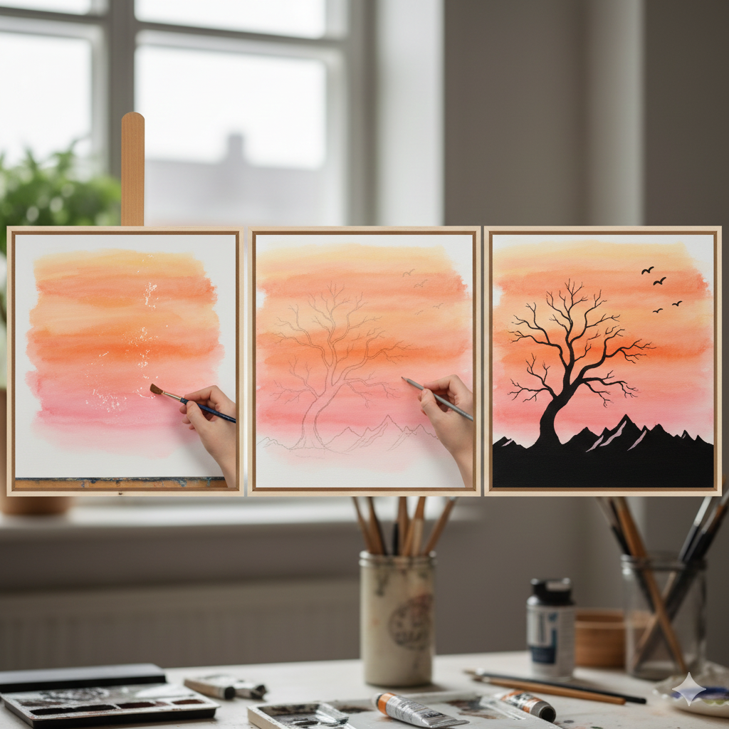 Three-stage tutorial showing background wash, gradient blending, and final black tree silhouettes in beginner acrylic painting