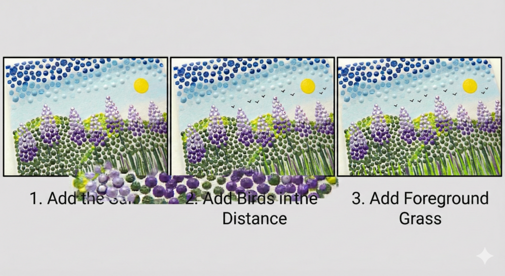 sun, birds and foreground grass